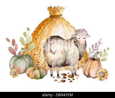 Agnello di allevamento di acquerelli. Cartoni animati pecore carine. Bestiame con zucche su sfondo bianco. Illustrazione del bambino di una pecora disegnata a mano. Foto Stock