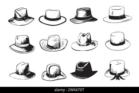 Collezione vintage di cappelli da inchiostrazione vintage sketch.Vector Illustrazione Vettoriale