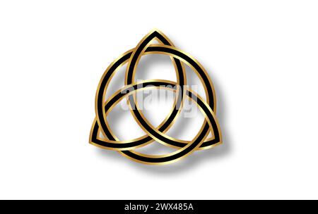 Logo geometrico Triquetra, nodo Gold Trinity, simbolo Wiccan per protezione. Nodo celtico vettoriale dorato e nero isolato su sfondo bianco. Wicca Illustrazione Vettoriale