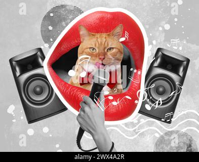 Elegante poster delle performance dei cantanti. Collage creativo con gatto, labbra, microfono e altoparlanti audio Foto Stock