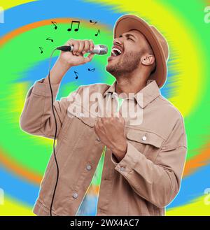 Poster delle prestazioni del cantante. Uomo con microfono su sfondo luminoso Foto Stock