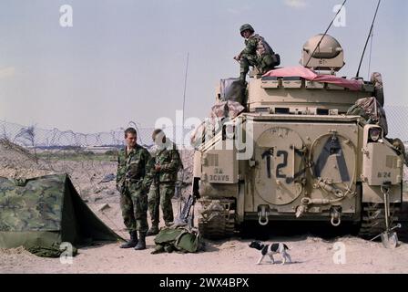 Prima guerra del Golfo: 25 marzo 1991 i soldati dell'esercito americano si rilassano accanto al loro veicolo da combattimento Bradley Cavalry, al confine con l'Iraq nel nord del Kuwait. Foto Stock