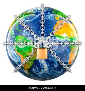 Earth Globe con catena e lucchetto, concetto di sicurezza. Rendering 3D isolato su sfondo bianco Foto Stock