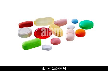 Pillole mediche, compresse, capsule isolate su sfondo bianco. Foto Stock