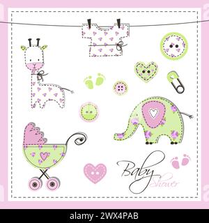 Elementi di design della doccia per neonati e bambini. Grazioso design Scrapbook. Illustrazione Vettoriale