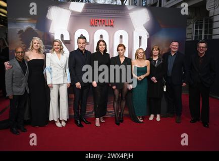 Londra, Regno Unito. 27 marzo 2024. Sanjay Singhal, Sam McAlister, Romola Garai, Rufus Sewell, Keeley Hawes, Billie Piper, Gillian Anderson, Hilary Salmon, Radford Neville e Philip Martin arrivano alla prima mondiale Scoop, Curzon Mayfair Cinema. Crediti: Doug Peters/EMPICS/Alamy Live News Foto Stock