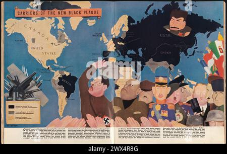 Portatori della nuova peste nera. "Pastel by W. Cotton". Mappa illustrativa di Ken Magazine pubblicata il 1938 aprile, che mostra la diffusione di governi totalitari e autoritari proprio prima della seconda guerra mondiale. La grafica include caricature di dieci dittatori, guidati da Hitler, e una mappa indicizzata con colori nero, grigio e arancione sulla chiave della mappa che designa il livello di controllo dello stato come visualizzato dalla rivista statunitense. Foto Stock