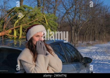 Una giovane donna con un cappello di Babbo Natale si appoggia contro un'auto con un albero di Natale sul tetto Foto Stock