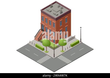 Isometric New York Old Manhattan Houses. Appartamento Brooklyn. Vecchio edificio astratto e facciata. Facciate di case retrò, strade di New York o Old Illustrazione Vettoriale