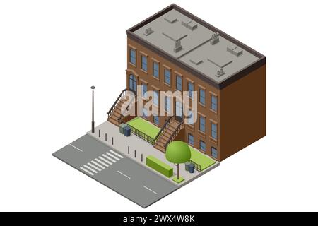 Isometric New York Old Manhattan Houses. Appartamento Brooklyn. Vecchio edificio astratto e facciata. Facciate di case retrò, strade di New York o Old Illustrazione Vettoriale