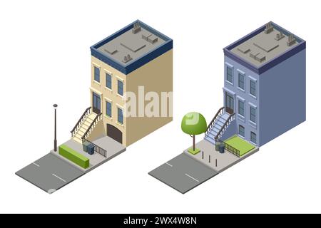 Isometric New York Old Manhattan Houses. Appartamento Brooklyn. Vecchio edificio astratto e facciata. Facciate di case retrò, strade di New York o Old Illustrazione Vettoriale