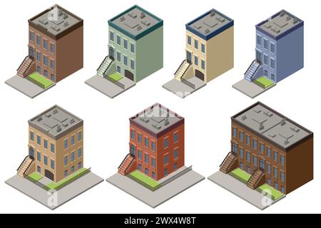 Isometric New York Old Manhattan Houses. Appartamento Brooklyn. Vecchio edificio astratto e facciata. Facciate di case retrò, strade di New York o Old Illustrazione Vettoriale