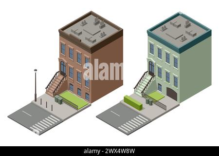 Isometric New York Old Manhattan Houses. Appartamento Brooklyn. Vecchio edificio astratto e facciata. Facciate di case retrò, strade di New York o Old Illustrazione Vettoriale