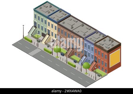 Isometric New York Old Manhattan Houses. Appartamento Brooklyn. Vecchio edificio astratto e facciata. Facciate di case retrò, strade di New York o Old Illustrazione Vettoriale