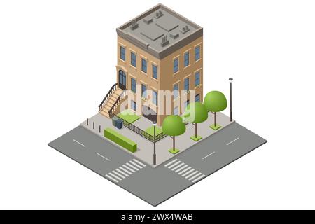 Isometric New York Old Manhattan Houses. Appartamento Brooklyn. Vecchio edificio astratto e facciata. Facciate di case retrò, strade di New York o Old Illustrazione Vettoriale