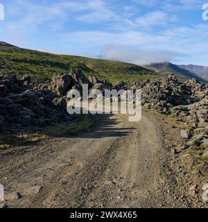 Una vista della strada sterrata tra i campi di lava. Helgafellssveit, Islanda. Foto Stock