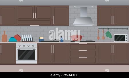 Design moderno degli interni della cucina con vari utensili ed elettrodomestici come armadi in legno, cassetti, forno a microonde e utensili da cucina. Illustrazione Vettoriale