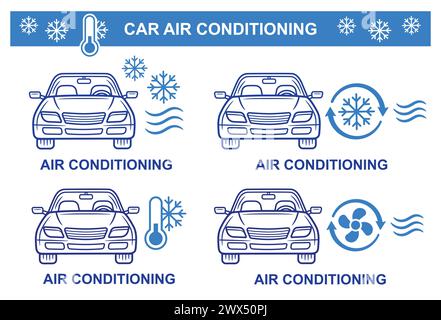 Set di icone della linea del condizionatore per auto, climatizzatore per auto, climatizzatore per trasporto automatico. regolazione della temperatura a freddo in condizioni climatiche calde Illustrazione Vettoriale