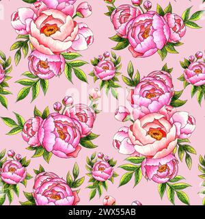 Illustrazione ad acquerello di un motivo di peonie rosa con gemme e foglie su sfondo rosa chiaro. Allestimento botanico per cucina, arredamento per la casa Foto Stock