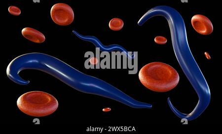 Rendering 3d dei globuli rossi infetti da Plasmodium falciparum Foto Stock