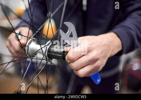 Persona irriconoscibile che monta un assale ruota della bicicletta dopo averlo smontato per la pulizia e l'ingrassaggio nell'ambito di un servizio di manutenzione della bicicletta. Vero buco Foto Stock