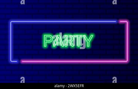 Cartello al neon nella cornice a bolla del discorso sul vettore di sfondo della parete di mattoni. Banner luminoso sullo sfondo della parete. Consente di creare un modello di design, pulsante per l'ora del party Illustrazione Vettoriale