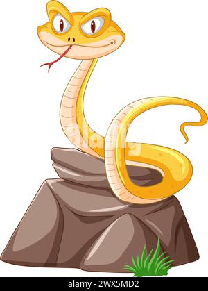 Serpente dei cartoni animati seduto in cima a una pietra, sembra amichevole. Illustrazione Vettoriale