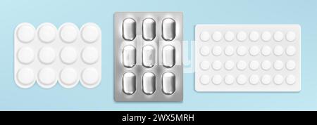 Blister per pillole isolate sullo sfondo. Illustrazione vettoriale realistica di fogli, confezioni di plastica di compresse rotonde e capsule ovali, antidolorifico, antibiotico, farmaci contraccettivi, prodotti farmaceutici Illustrazione Vettoriale