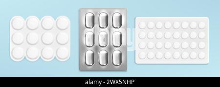 Blister per pillole isolate sullo sfondo. Illustrazione vettoriale realistica di fogli, confezioni di plastica di compresse rotonde e capsule ovali, antidolorifico, antibiotico, farmaci contraccettivi, prodotti farmaceutici Illustrazione Vettoriale