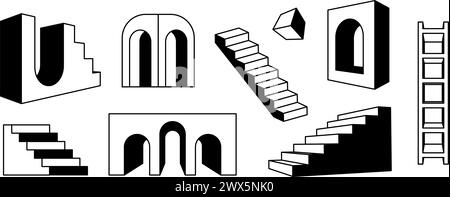 Serie di scale e archi in prospettiva. Delineare la collezione di elementi geometrici surreali. Audace porta ad arco 3d, scala, scala, fascio di cancelli. Forme trippy per collage, poster, striscioni, adesivi. Vettore Illustrazione Vettoriale