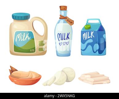 Set di prodotti caseari: Latte in confezione di cartone e bottiglia di vetro, diversi tipi di formaggio e crema. Illustrazione vettore cartone animato collezione di prodotti lattieri biologici dell'azienda agricola e ingredienti per una sana alimentazione Illustrazione Vettoriale