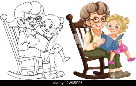 Arte colorata e in linea della lettura della nonna al bambino Illustrazione Vettoriale