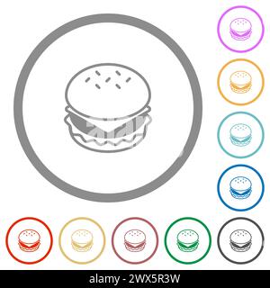 Icone a colori piatte di cheeseburger con contorni rotondi su sfondo bianco Illustrazione Vettoriale
