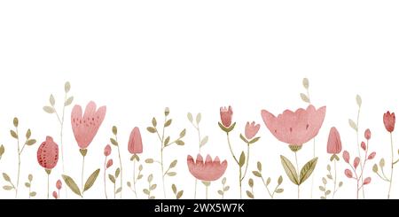 Acquerello bordo senza cuciture semplice disegno botanico astratto disegnato a mano.illustrazione in rosa e verde Foto Stock