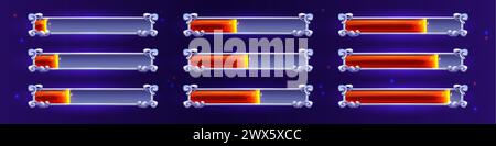 Gradini di caricamento della barra di avanzamento con telaio in metallo decorato con decorazioni floride e caricatore lineare rosso neon per la progettazione dell'interfaccia utente di gioco. Set di illustrazioni vettoriali cartoni animati Illustrazione Vettoriale