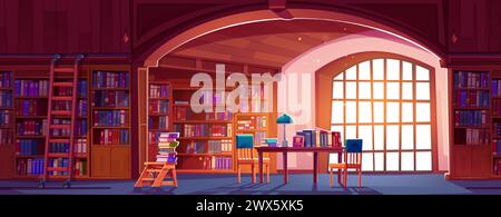Biblioteca pubblica con molti libri su scaffali in astuccio con scala, in pila su tavolo di legno con sedia e lampada. Libreria pubblica vettoriale cartoni animati con lite Illustrazione Vettoriale