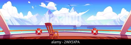 Vista dal ponte in legno della nave da crociera con ringhiera, poltrona e salvagente sul mare o sull'oceano e alte vette innevate. Illustratore vettoriale cartoni animati Illustrazione Vettoriale