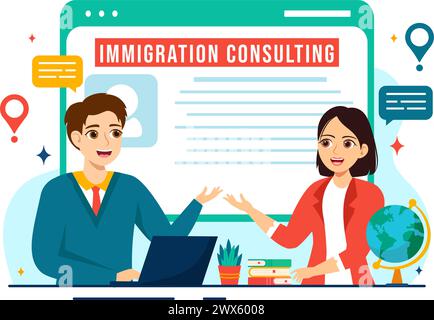 Illustrazione vettoriale del consulente immigrazione con assistenza di consulenza per fornire consigli alle persone che effettueranno il passaggio in background piatto Illustrazione Vettoriale