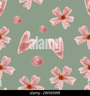Motivo floreale senza cuciture con fiori e cuori rosa su sfondo verde. Fiori e cuori rosa acquerello . Design con pattern senza cuciture. Foto Stock