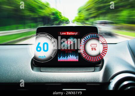 Spia di batteria scarica sullo schermo dell'interfaccia di un'auto elettrica durante la guida. Concetto di tecnologia dei veicoli elettrici. Foto Stock