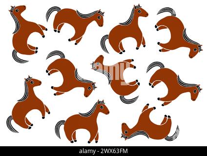 Set di illustrazioni stilizzate per cavalli. Sono collocate in modo caotico su sfondo bianco. Colore marrone. Coda nera, criniera, zoccoli, occhi, bocca. Illustrazione semplificata. Stile di stampa. Pony. Foto Stock