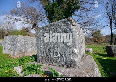 Stecci tombe medievali cimitero Dugo Polje a Blidinje, BiH. Sito UNESCO. Luogo di interesse storico. Foto Stock