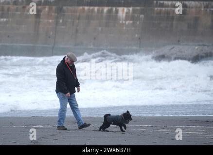 Un uomo cammina un cane sulla spiaggia di Seaton, nella Cornovaglia sudorientale. Data foto: Giovedì 28 marzo 2024. Foto Stock