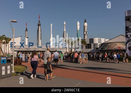 CAPE CANAVERAL, FLORIDA - 15 MARZO 2024. Ingresso al Kennedy Space Center della NASA, CAPE CANAVERAL, FLORIDA, Stati Uniti Foto Stock