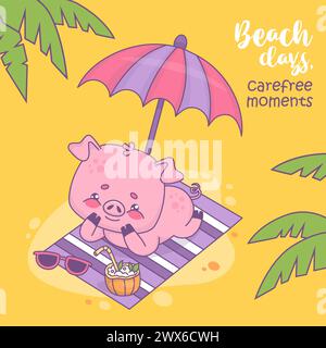 Tessera estiva con maiale sorridente che prendeva il sole appoggiato su un telo da spiaggia sotto l'ombrellone. Divertente e rilassante personaggio animale su sfondo giallo e amico Illustrazione Vettoriale