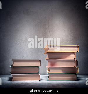Pile di libri con copertina rigida che indicano lo studio e la conoscenza. rendering 3d. Foto Stock