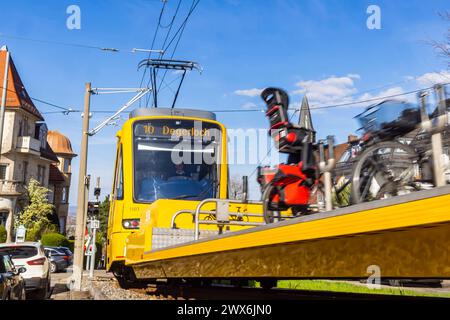 Zahnradbahn der Stuttgarter Straßenbahnen AG SSB. Im Volksmund wird die Bahn Zacke genannt, sie Gilt als ein Stuttgarter Wahrzeichen. // Stoccarda, Baden-Württemberg, Deutschland, 26.03.2024 *** ferrovia a cremagliera della Stuttgarter Straßenbahnen AG SSB popolarmente conosciuta come Zacke, è un punto di riferimento di Stoccarda Stoccarda, Baden Württemberg, Germania, 26 03 2024 Foto Stock