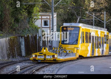 Zahnradbahn der Stuttgarter Straßenbahnen AG SSB. Im Volksmund wird die Bahn Zacke genannt, sie Gilt als ein Stuttgarter Wahrzeichen. // Stoccarda, Baden-Württemberg, Deutschland, 26.03.2024 *** ferrovia a cremagliera della Stuttgarter Straßenbahnen AG SSB popolarmente conosciuta come Zacke, è un punto di riferimento di Stoccarda Stoccarda, Baden Württemberg, Germania, 26 03 2024 Foto Stock