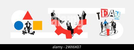 Banner. Collage d'arte contemporanea. Giovani che lavorano in team per risolvere problemi e pianificare in un contesto astratto Foto Stock