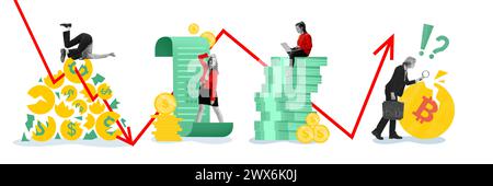 Banner. Collage d'arte contemporanea. Uomini d'affari in situazioni finanziarie diverse con frecce grafiche non normali che simboleggiano diminuzioni e aumenti. Foto Stock